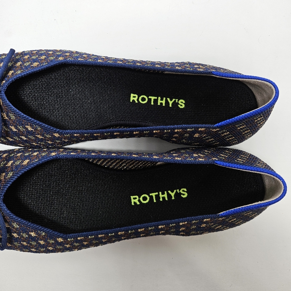 Rothy's The Bow Flat Evening Metallic Women's Sz 7.5 Ballet Plaid Navy Gold - Picture 5 of 12